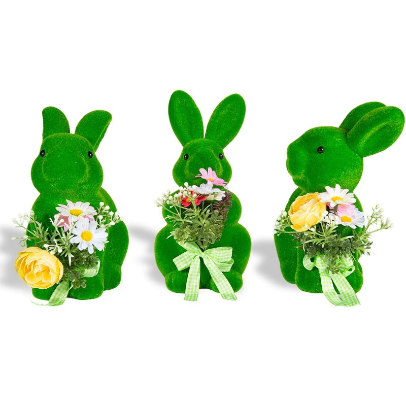 BrilliantJo Easter Decoration Bunny Figurine Large Rabbit Kitwith Floral Bouquets Set of 3(10"), Green Spring Stand up Flocked Flowers Bunnies Table Decor Holiday Birthday Party for Home Office Gifts - Image 1