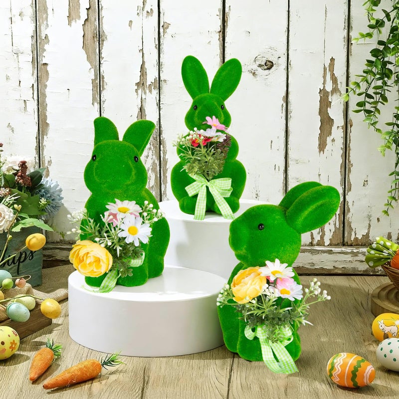 BrilliantJo Easter Decoration Bunny Figurine Large Rabbit Kitwith Floral Bouquets Set of 3(10"), Green Spring Stand up Flocked Flowers Bunnies Table Decor Holiday Birthday Party for Home Office Gifts - Image 2