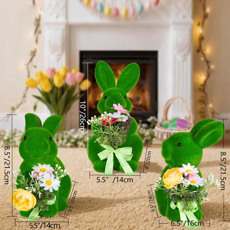 BrilliantJo Easter Decoration Bunny Figurine Large Rabbit Kitwith Floral Bouquets Set of 3(10"), Green Spring Stand up Flocked Flowers Bunnies Table Decor Holiday Birthday Party for Home Office Gifts - Image 5