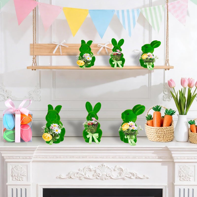 BrilliantJo Easter Decoration Bunny Figurine Large Rabbit Kitwith Floral Bouquets Set of 3(10"), Green Spring Stand up Flocked Flowers Bunnies Table Decor Holiday Birthday Party for Home Office Gifts - Image 3