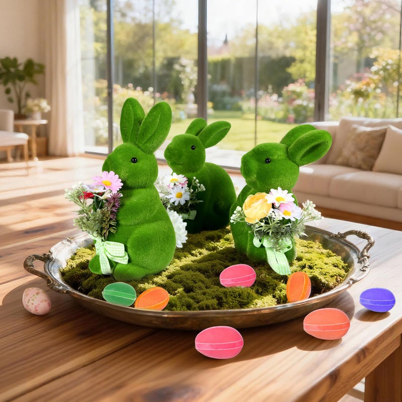 BrilliantJo Easter Decoration Bunny Figurine Large Rabbit Kitwith Floral Bouquets Set of 3(10"), Green Spring Stand up Flocked Flowers Bunnies Table Decor Holiday Birthday Party for Home Office Gifts - Image 4