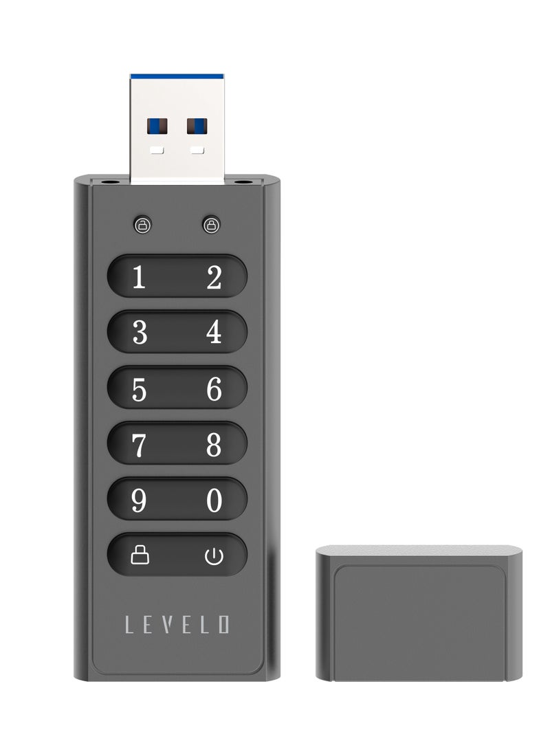 LEVELO Lockvault Digital 128GB Encrypted USB Flash Drive / External Hard Drive / LED Indicator / Built-in Keypad / USB-A 3.1 Port / Fast Data Transfer USB Drive / Smart Data Deletion - Gray  - Image 1