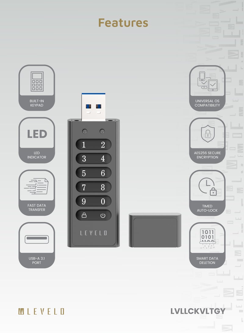 LEVELO Lockvault Digital 128GB Encrypted USB Flash Drive / External Hard Drive / LED Indicator / Built-in Keypad / USB-A 3.1 Port / Fast Data Transfer USB Drive / Smart Data Deletion - Gray  - Image 2
