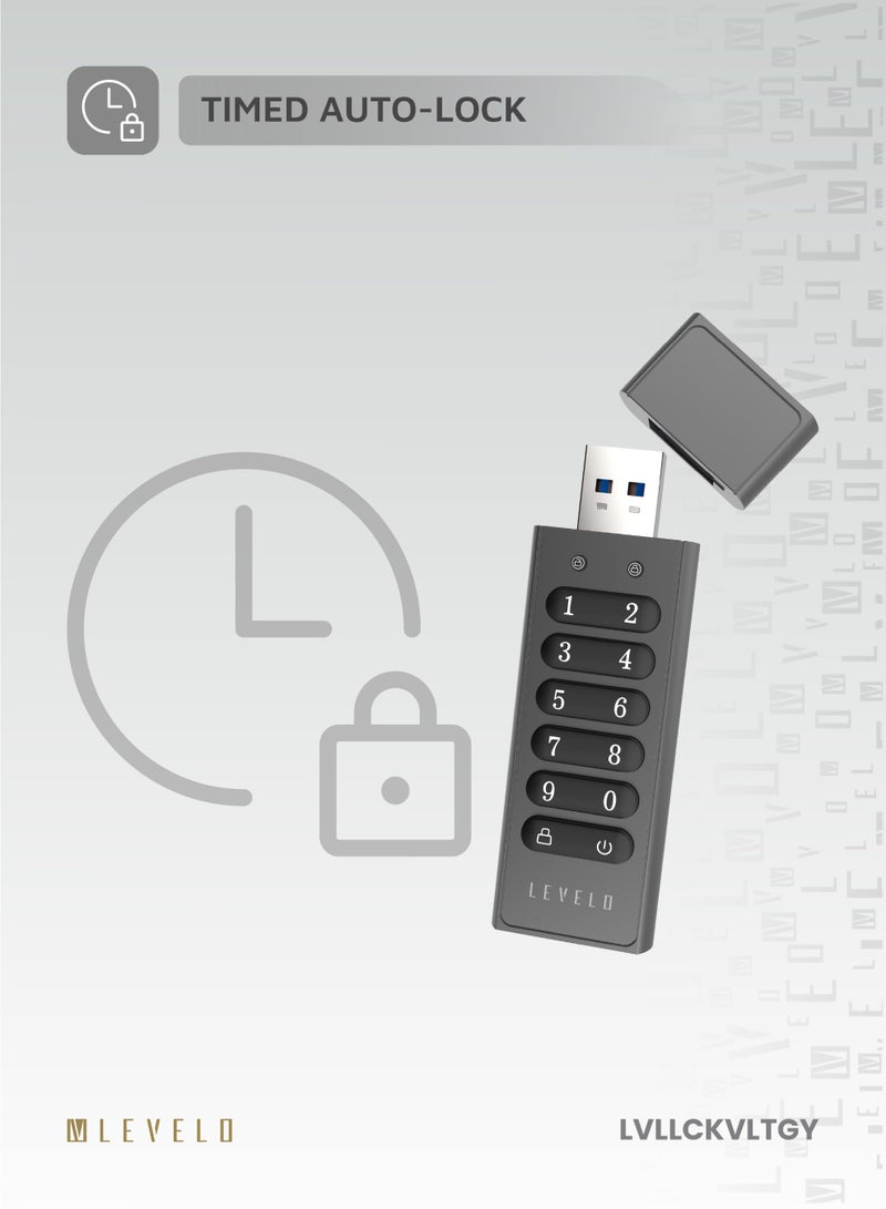 Lockvault Digital 128GB Encrypted USB Flash Drive / External Hard Drive / LED Indicator / Built-in Keypad / USB-A 3.1 Port / Fast Data Transfer USB Drive / Smart Data Deletion - Gray