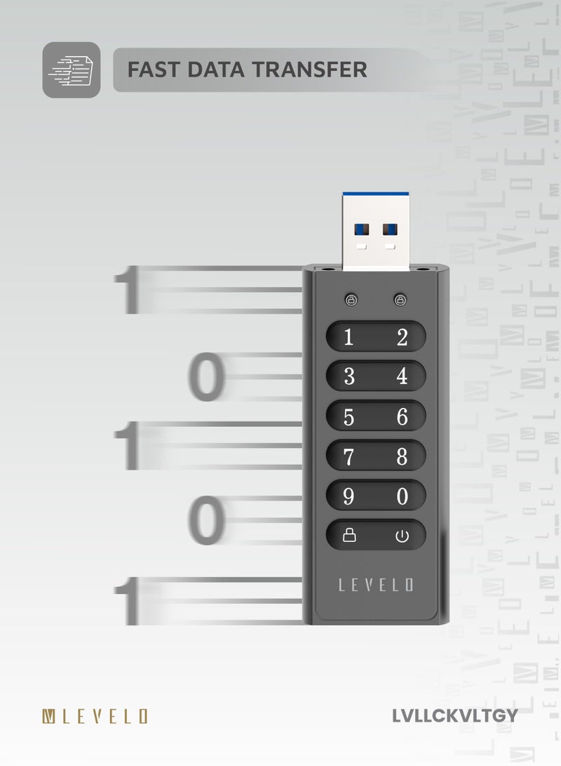 LEVELO Lockvault Digital 128GB Encrypted USB Flash Drive / External Hard Drive / LED Indicator / Built-in Keypad / USB-A 3.1 Port / Fast Data Transfer USB Drive / Smart Data Deletion - Gray  - Image 5