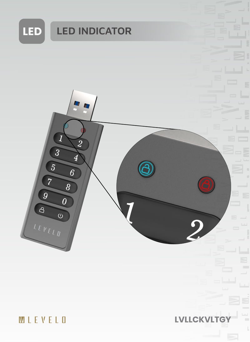 LEVELO Lockvault Digital 128GB Encrypted USB Flash Drive / External Hard Drive / LED Indicator / Built-in Keypad / USB-A 3.1 Port / Fast Data Transfer USB Drive / Smart Data Deletion - Gray  - Image 4