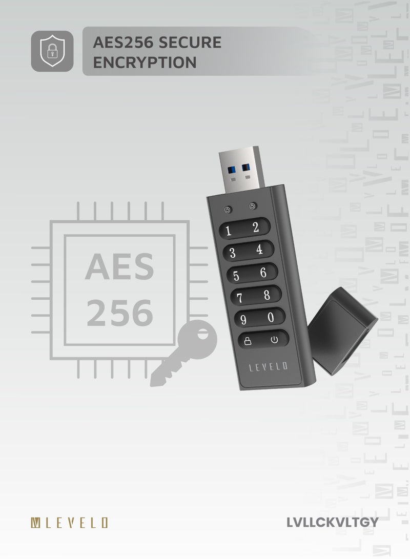 Lockvault Digital 128GB Encrypted USB Flash Drive / External Hard Drive / LED Indicator / Built-in Keypad / USB-A 3.1 Port / Fast Data Transfer USB Drive / Smart Data Deletion - Gray