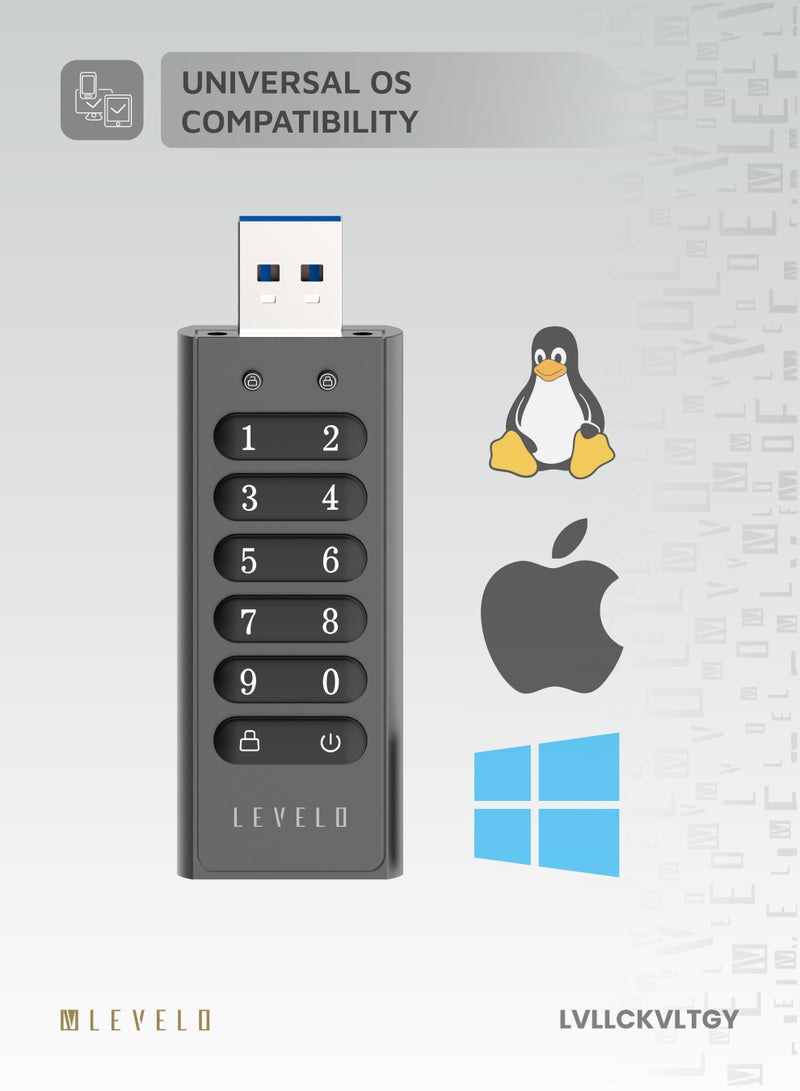 Lockvault Digital 128GB Encrypted USB Flash Drive / External Hard Drive / LED Indicator / Built-in Keypad / USB-A 3.1 Port / Fast Data Transfer USB Drive / Smart Data Deletion - Gray