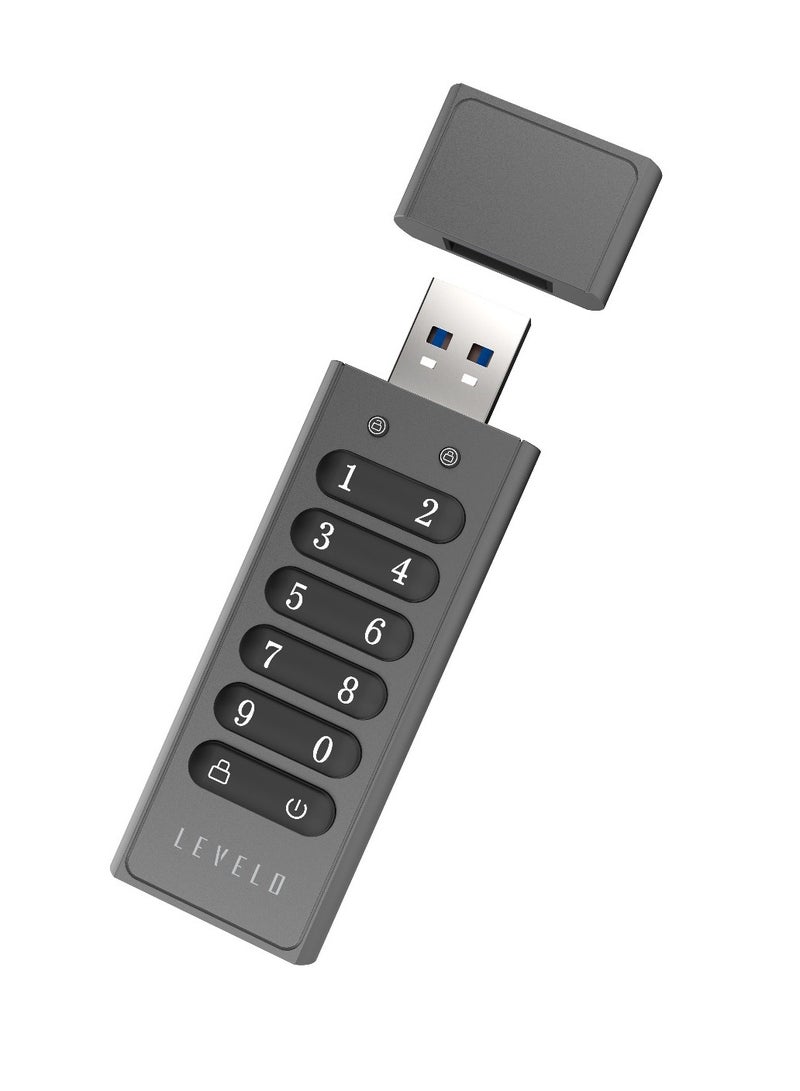 Lockvault Digital 128GB Encrypted USB Flash Drive / External Hard Drive / LED Indicator / Built-in Keypad / USB-A 3.1 Port / Fast Data Transfer USB Drive / Smart Data Deletion - Gray