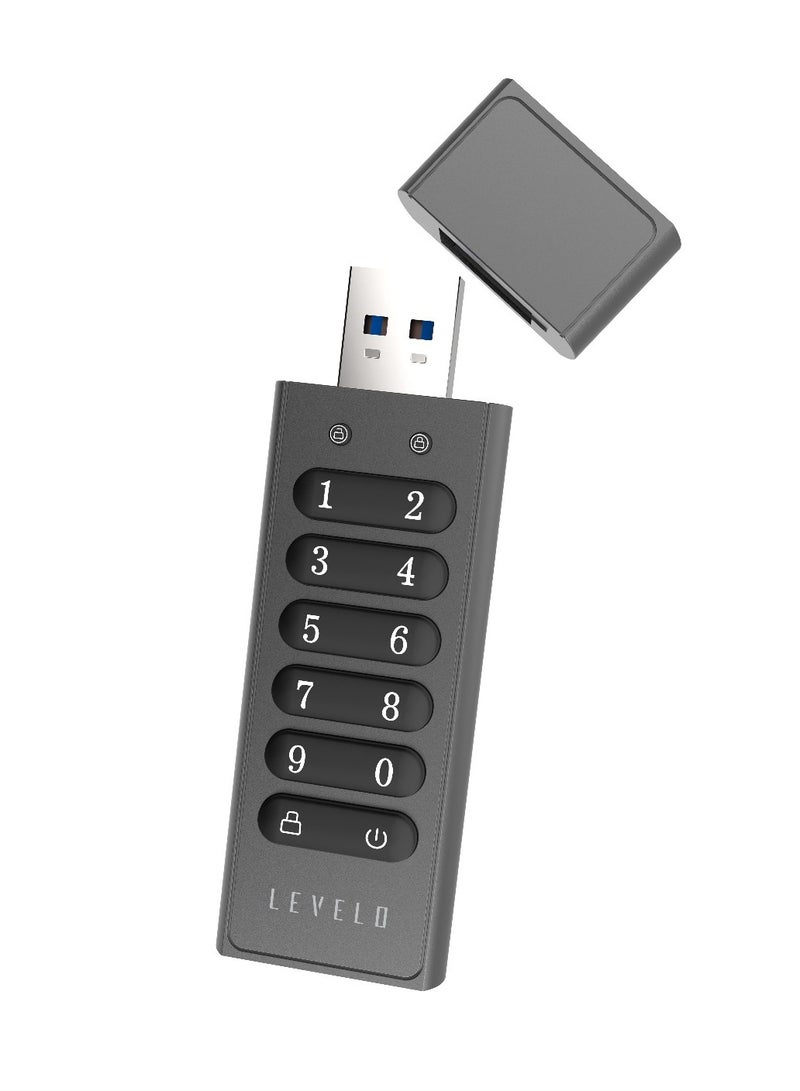 Lockvault Digital 128GB Encrypted USB Flash Drive / External Hard Drive / LED Indicator / Built-in Keypad / USB-A 3.1 Port / Fast Data Transfer USB Drive / Smart Data Deletion - Gray