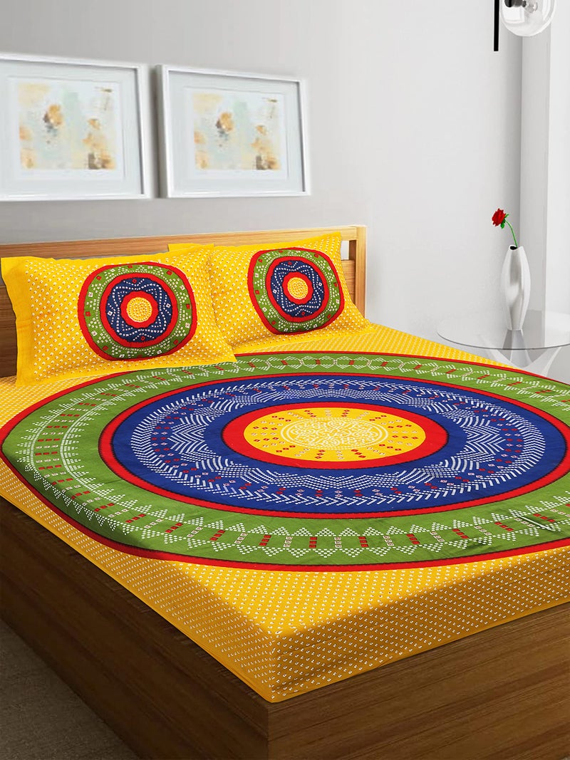 RajasthaniKart® Pure 100% Cotton Double Bed Sheet with 2 Pillow Covers (Bedsheet for Double Bed Cotton, Yellow, Bhandej) - Image 2