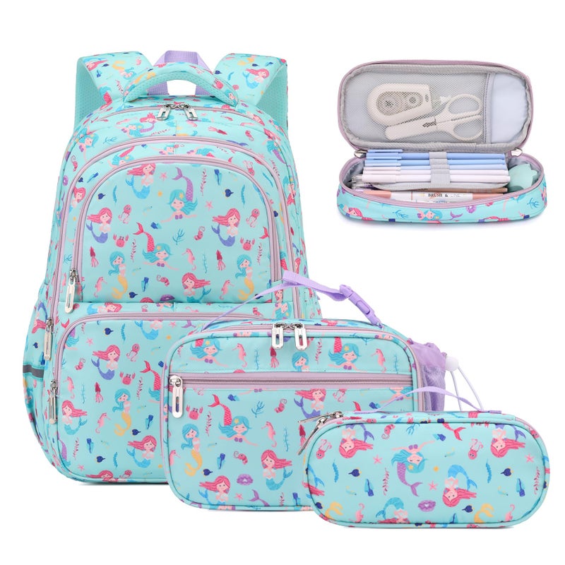 BEFUNIRISE School Backpack Kids Set Middle Elementary Preschool with Lunch Bag Pencil Case Bookbags for Boys Girls AMermaid Green - Image 2