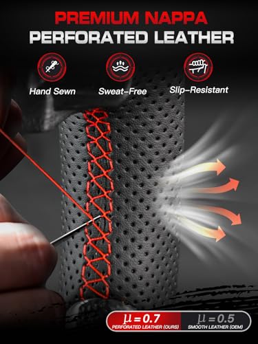 TESFEEL Steering Wheel for F-150&Raptor 2009–2014, Real Carbon Fiber, D-Shaped, Nappa Perforated Leather Grip, Red Stripe&Hand-Stitched, for Svt Raptor with Steering Wheel Buttons on Both Sides - Image 4