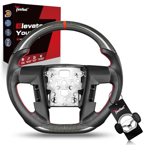 TESFEEL Steering Wheel for F-150&Raptor 2009–2014, Real Carbon Fiber, D-Shaped, Nappa Perforated Leather Grip, Red Stripe&Hand-Stitched, for Svt Raptor with Steering Wheel Buttons on Both Sides - Image 1