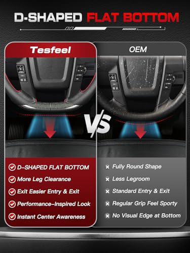 TESFEEL Steering Wheel for F-150&Raptor 2009–2014, Real Carbon Fiber, D-Shaped, Nappa Perforated Leather Grip, Red Stripe&Hand-Stitched, for Svt Raptor with Steering Wheel Buttons on Both Sides - Image 5