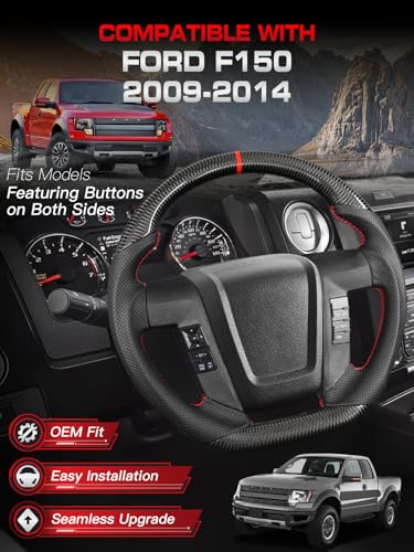 TESFEEL Steering Wheel for F-150&Raptor 2009–2014, Real Carbon Fiber, D-Shaped, Nappa Perforated Leather Grip, Red Stripe&Hand-Stitched, for Svt Raptor with Steering Wheel Buttons on Both Sides - Image 2