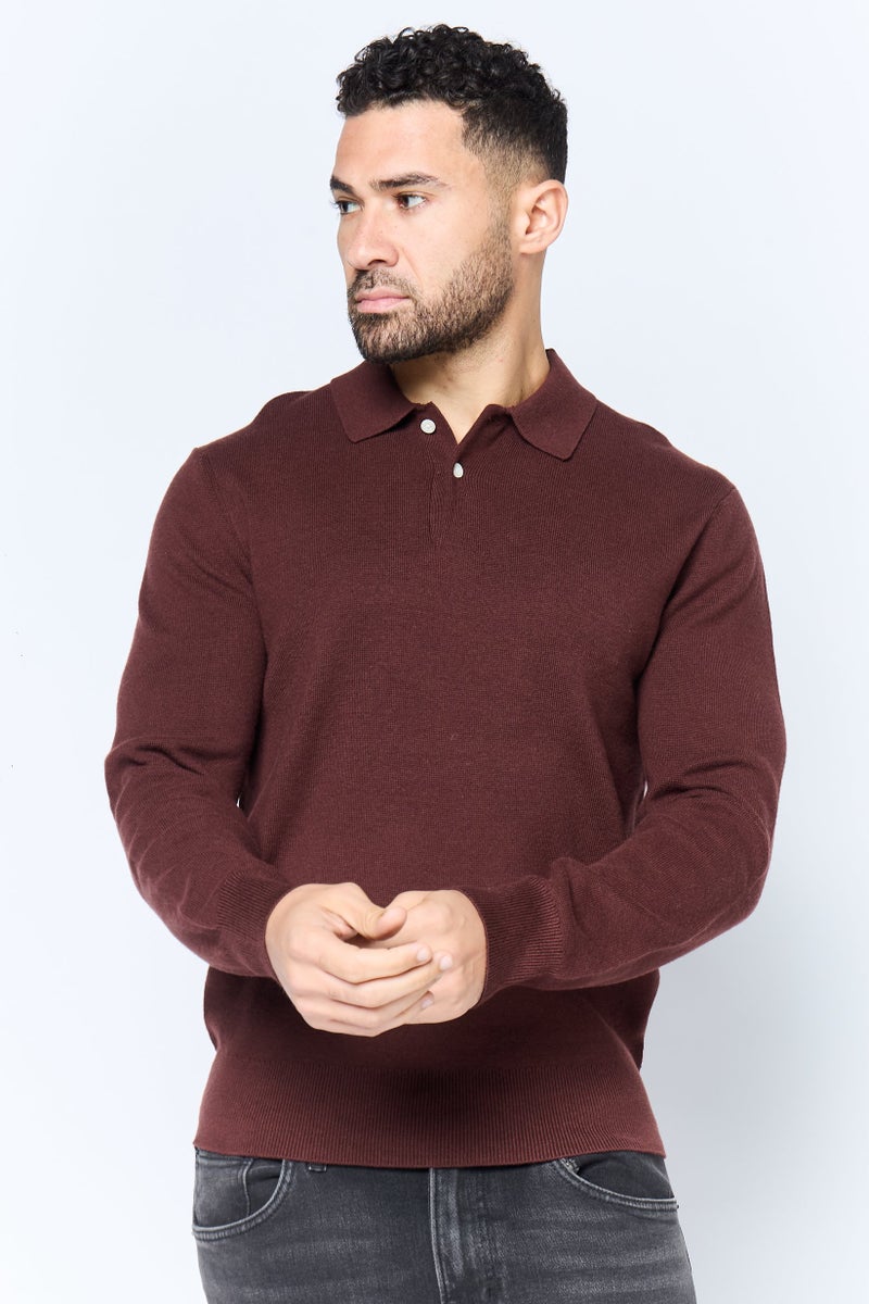 DOCKERS Men Regular Fit Solid Long Sleeves Polo Shirt, Dark Brown  - Image 1