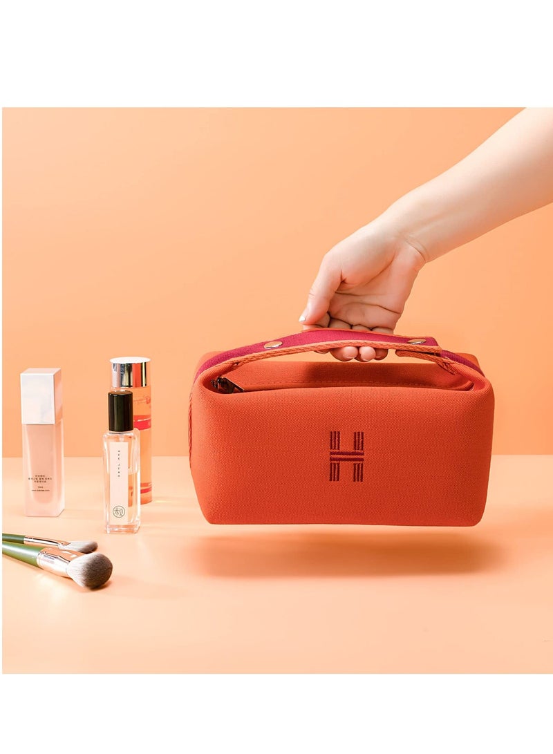 Y&D Makeup Bag, Fashion Portable Orange Red Canvas Make up Travel Bag With Handle and Divider Organizer for Women  - Image 3