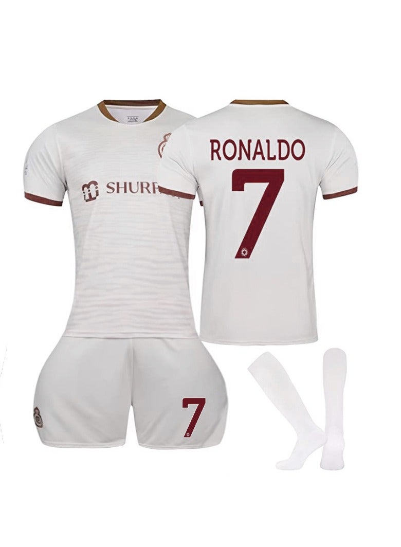 عام طقم هدايا قميص كرة القدم الاحتياطي الثاني لرياض 2023-2024، برقم 7 لرونالدو، مع شورت وجوارب. متوفر بأحجام للأطفال والبالغين، هدية مثالية للمشجعين والأصدقاء - Image 1