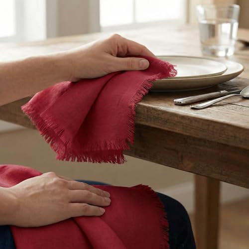 ACCENTHOME Red Cotton Linen Napkin Set of 12 18x18 inch Dinner Napkins - Washable Soft Premium Hotel Quality Reusable Hemmed Edges Napkins Perfect Table Linens for Family Dinners, Weddings - Image 3