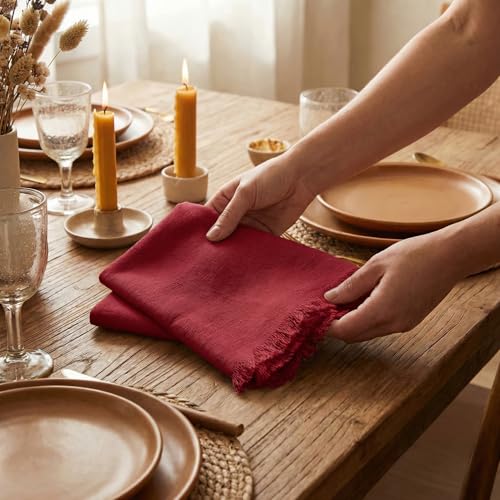ACCENTHOME Red Cotton Linen Napkin Set of 12 18x18 inch Dinner Napkins - Washable Soft Premium Hotel Quality Reusable Hemmed Edges Napkins Perfect Table Linens for Family Dinners, Weddings - Image 2