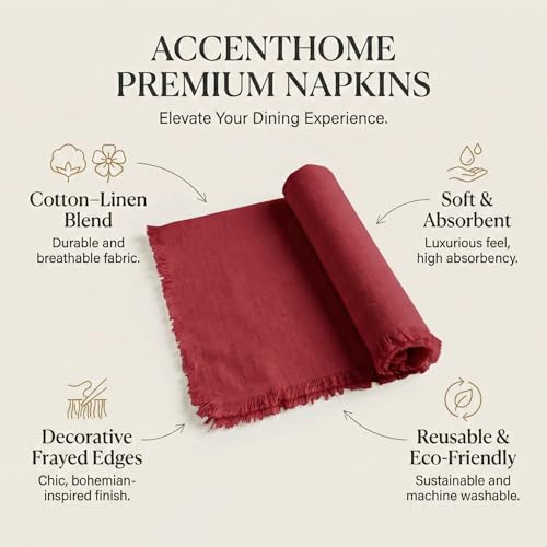 ACCENTHOME Red Cotton Linen Napkin Set of 12 18x18 inch Dinner Napkins - Washable Soft Premium Hotel Quality Reusable Hemmed Edges Napkins Perfect Table Linens for Family Dinners, Weddings - Image 4