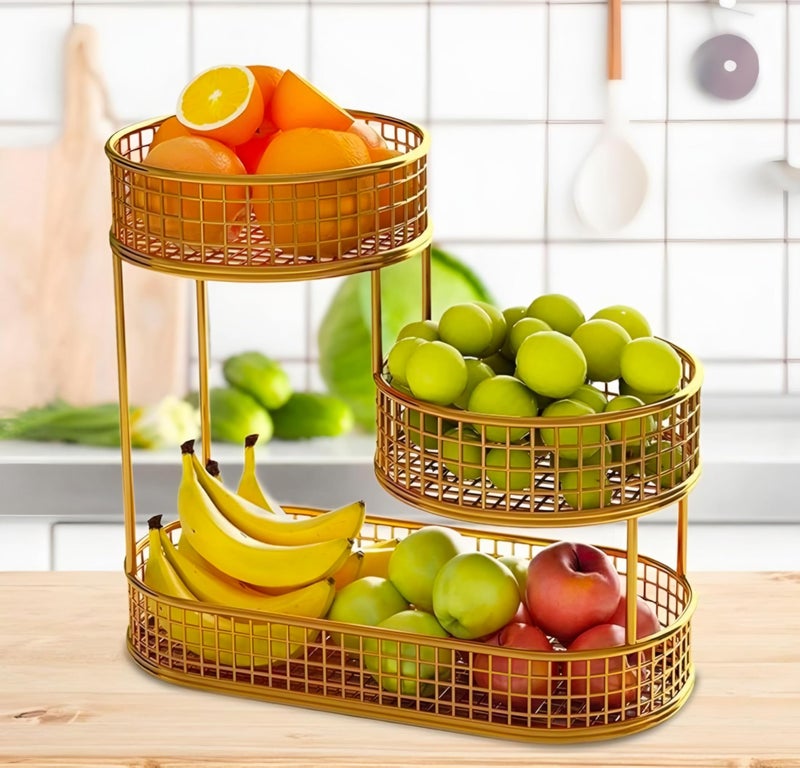 MAXXINN 3 Tier Metal Fruit Round Basket Fruit and Vegetables Organizer for Home Kitchen And Dinning| Multipurpose Fruits and Vegetables Basket Decor(Gold) - Image 1
