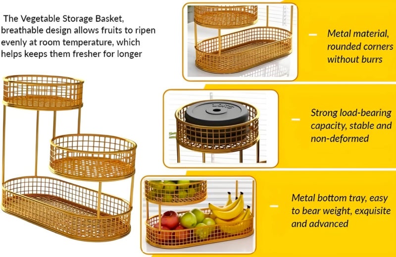 MAXXINN 3 Tier Metal Fruit Round Basket Fruit and Vegetables Organizer for Home Kitchen And Dinning| Multipurpose Fruits and Vegetables Basket Decor(Gold) - Image 5