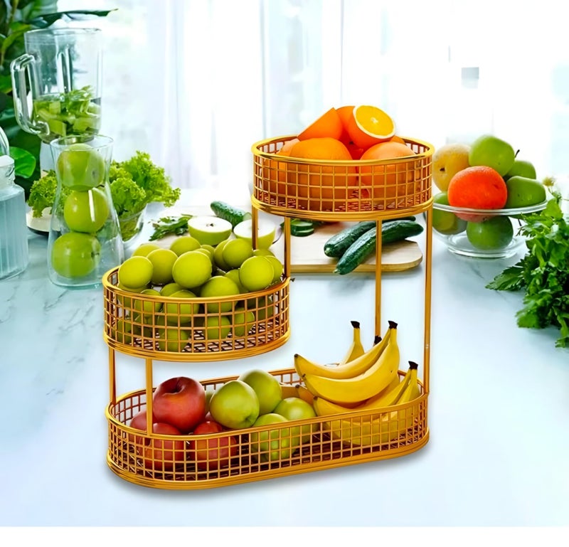 MAXXINN 3 Tier Metal Fruit Round Basket Fruit and Vegetables Organizer for Home Kitchen And Dinning| Multipurpose Fruits and Vegetables Basket Decor(Gold) - Image 4