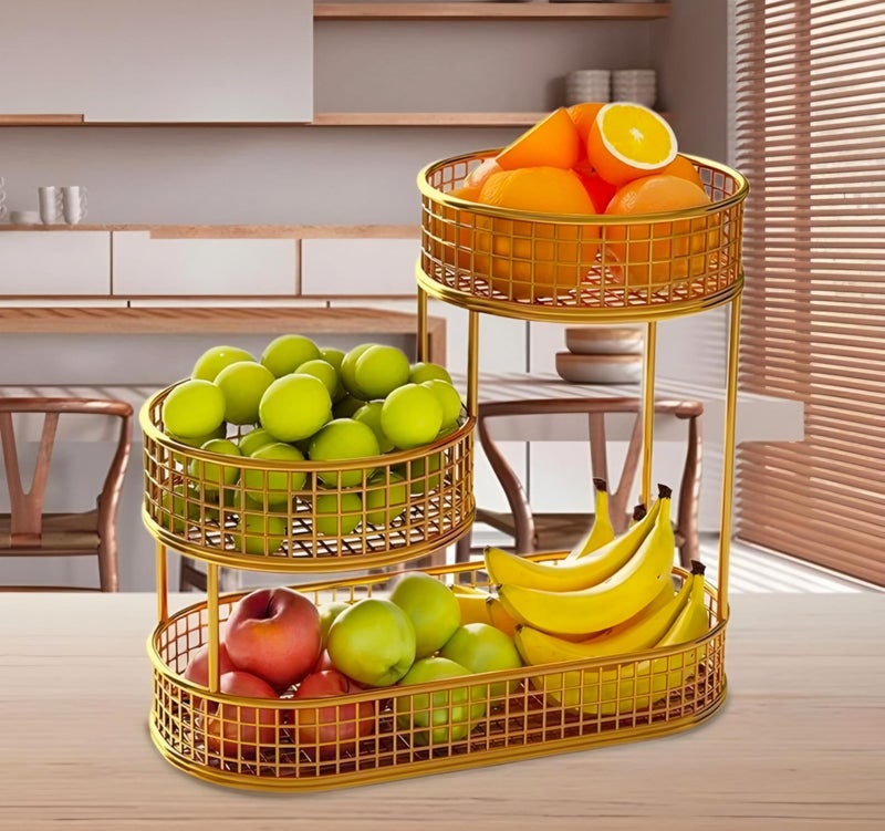 MAXXINN 3 Tier Metal Fruit Round Basket Fruit and Vegetables Organizer for Home Kitchen And Dinning| Multipurpose Fruits and Vegetables Basket Decor(Gold) - Image 3