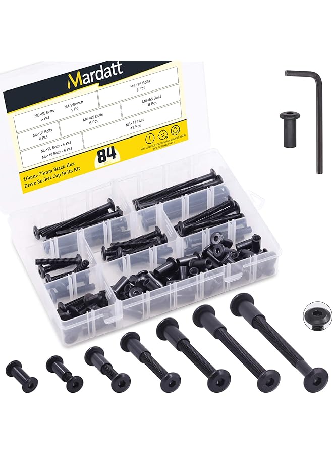 Mardatt Mardatt 85pcs 7 Sizes M6x16mm/25mm/35mm/45mm/55mm/65mm/75mm Black Hex Socket Cap Bolts and Barrel Nuts Assortment Kit, Crib Bolts Binding Bolt Screw Post for Belt Buckle Leather Furniture  - Image 1