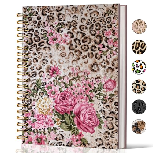 Lacama Leopard Print Gifts for Women, Cheetah Print Gifts Notebook Journal, Pink Floral Hardcover Spiral Notebook, School Office Supplies 160 Pages 5.5x8.3 - Image 1