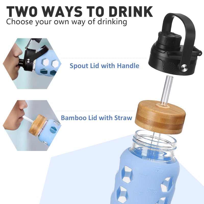 MUKOKO Glass Water Bottles,24oz Glass Tumbler with Straw,Drinking Bottles with 2 Lids-Handle Spout Lid&Bamboo Straw Lid,Motivational Water Bottle with Time Marker and Silicone Sleeve,1 Pack-Glacier - Image 2