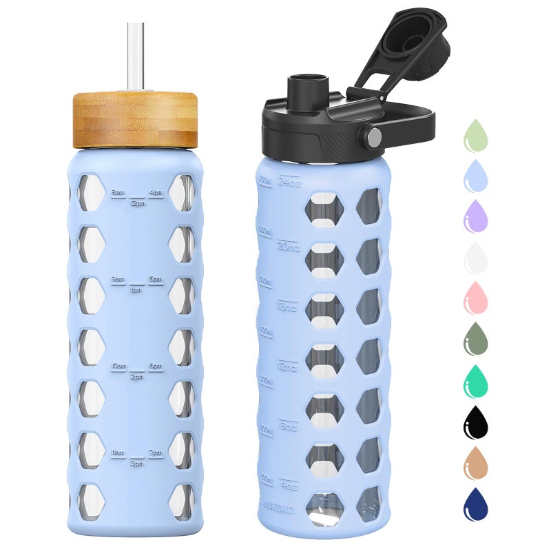 MUKOKO Glass Water Bottles,24oz Glass Tumbler with Straw,Drinking Bottles with 2 Lids-Handle Spout Lid&Bamboo Straw Lid,Motivational Water Bottle with Time Marker and Silicone Sleeve,1 Pack-Glacier - Image 1