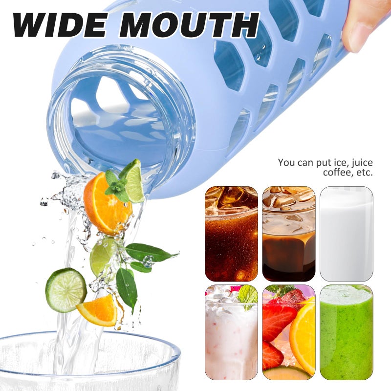 MUKOKO Glass Water Bottles,24oz Glass Tumbler with Straw,Drinking Bottles with 2 Lids-Handle Spout Lid&Bamboo Straw Lid,Motivational Water Bottle with Time Marker and Silicone Sleeve,1 Pack-Glacier - Image 5
