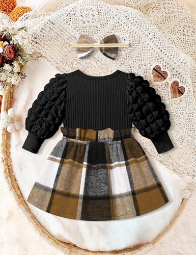 Qaoerde Baby Girl Dress Baby Girl Dresses 0-3 Months Puff Sleeve Brown Plaid Black Dress Baby Girls' Dresses Baby Dresses 0-3 Months Fall Winter Dress Thanksgiving Outfit - Image 5