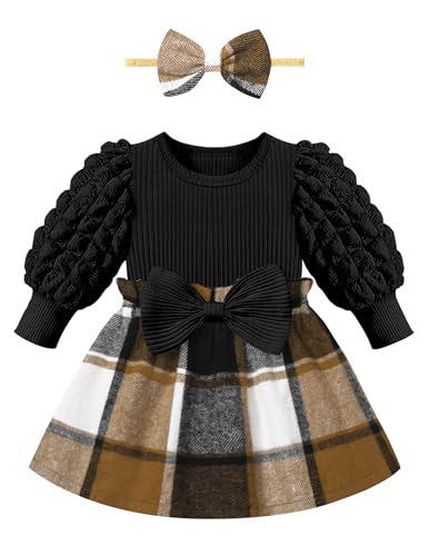 Qaoerde Baby Girl Dress Baby Girl Dresses 0-3 Months Puff Sleeve Brown Plaid Black Dress Baby Girls' Dresses Baby Dresses 0-3 Months Fall Winter Dress Thanksgiving Outfit - Image 1