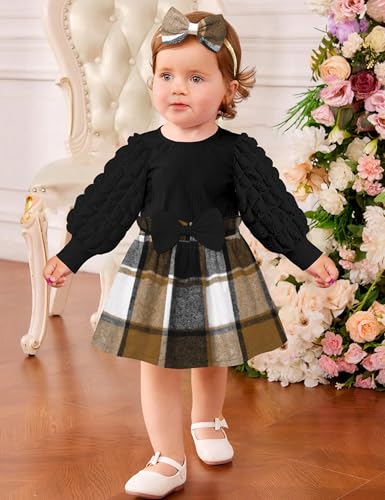 Qaoerde Baby Girl Dress Baby Girl Dresses 0-3 Months Puff Sleeve Brown Plaid Black Dress Baby Girls' Dresses Baby Dresses 0-3 Months Fall Winter Dress Thanksgiving Outfit - Image 2