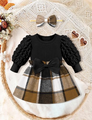 Qaoerde Baby Girl Dress Baby Girl Dresses 0-3 Months Puff Sleeve Brown Plaid Black Dress Baby Girls' Dresses Baby Dresses 0-3 Months Fall Winter Dress Thanksgiving Outfit - Image 4