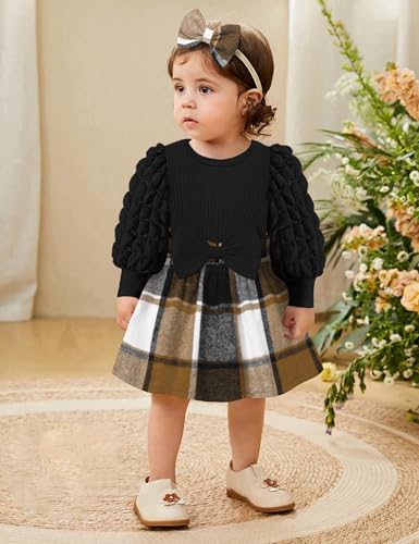 Qaoerde Baby Girl Dress Baby Girl Dresses 0-3 Months Puff Sleeve Brown Plaid Black Dress Baby Girls' Dresses Baby Dresses 0-3 Months Fall Winter Dress Thanksgiving Outfit - Image 3