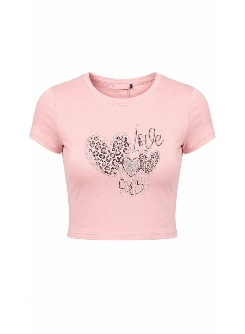 Women's Pastel Pink Cropped T-Shirt with Rhinestone Heart & Love Design - Image 1