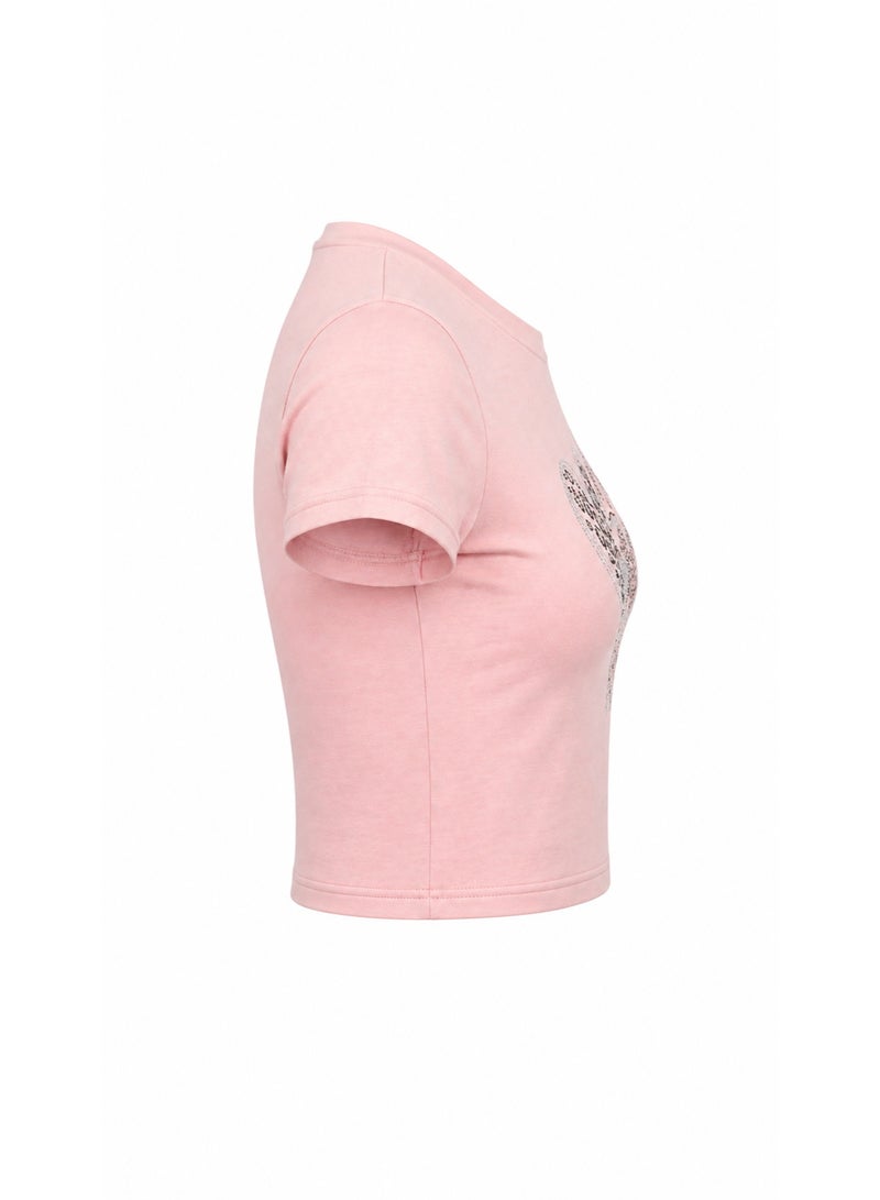 Women's Pastel Pink Cropped T-Shirt with Rhinestone Heart & Love Design - Image 3