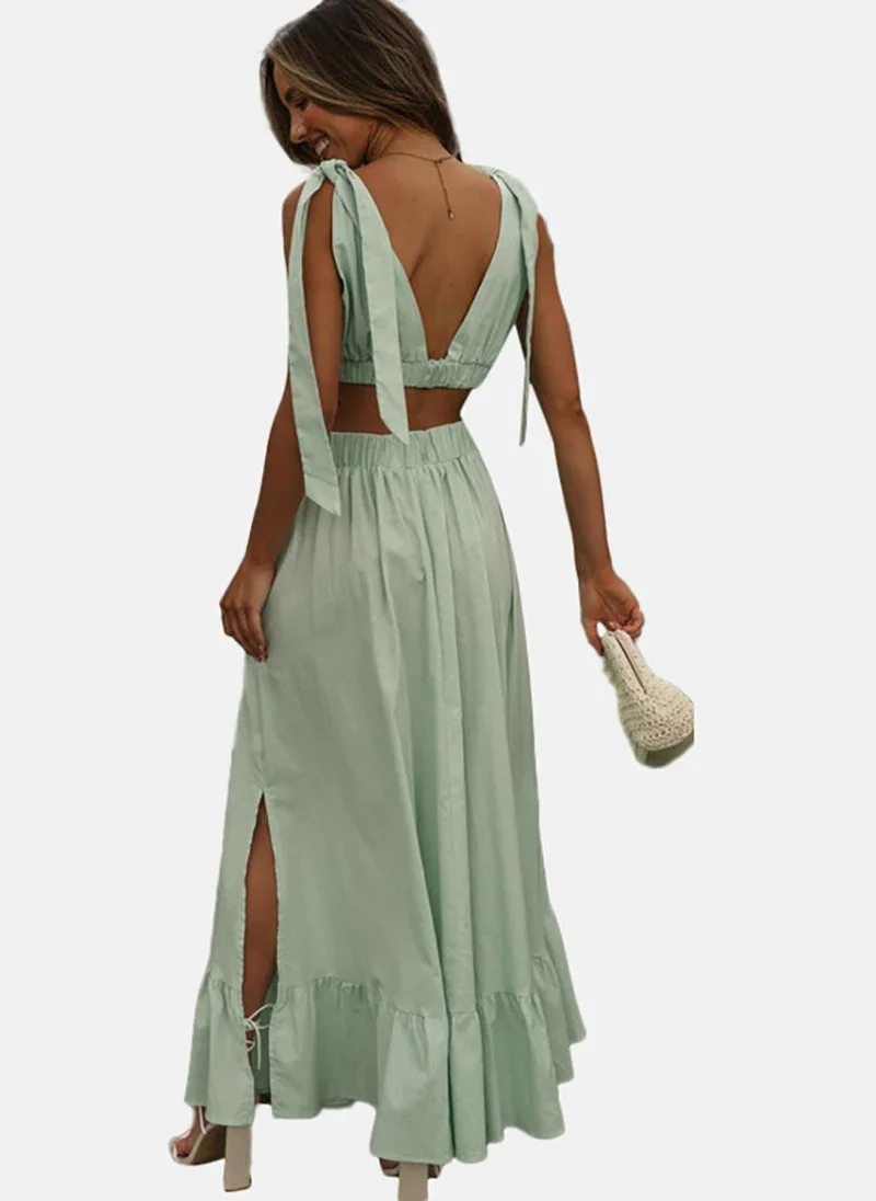 YUNIQEE Light Green V Neck Solid Top with Skirt