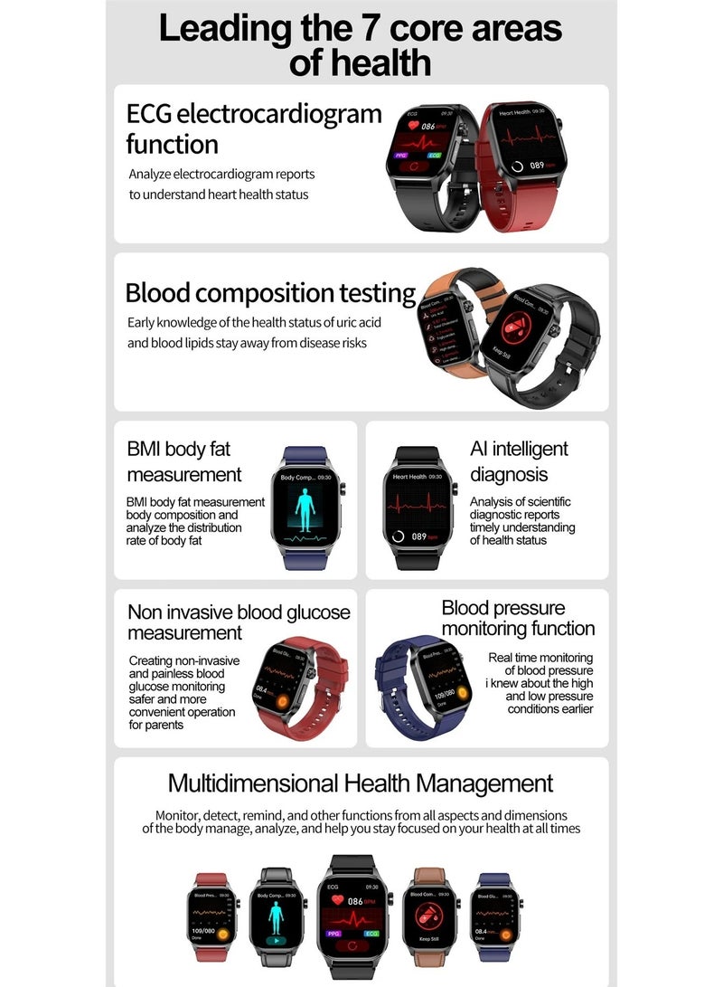 AROAQ New Blood Lipids Uric Acid Blood Glucose Smart Watch ECG+PPG+HRV Heart Rate Blood Body Composition Bluetooth Call Smartwatch  - Image 3