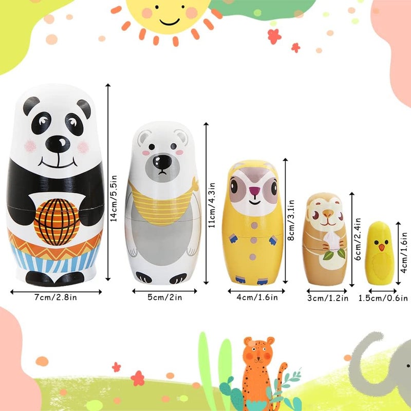 Winterworm Set of 5 Panda Nesting Dolls White Bear Raccoon Monkey Chick Wooden Russian Nesting Dolls Kids Stacking Toys Home Decor Christmas Birthday Party Decoration Gift  - Image 2
