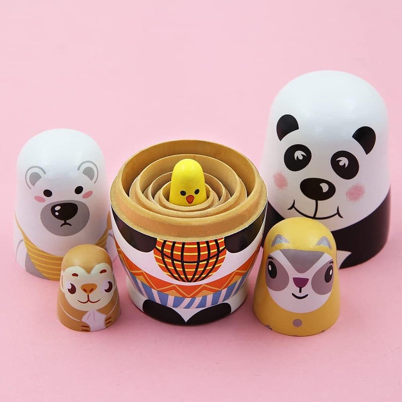 Winterworm Set of 5 Panda Nesting Dolls White Bear Raccoon Monkey Chick Wooden Russian Nesting Dolls Kids Stacking Toys Home Decor Christmas Birthday Party Decoration Gift  - Image 3