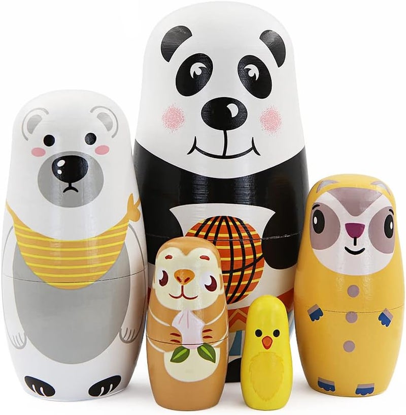Winterworm Set of 5 Panda Nesting Dolls White Bear Raccoon Monkey Chick Wooden Russian Nesting Dolls Kids Stacking Toys Home Decor Christmas Birthday Party Decoration Gift  - Image 1