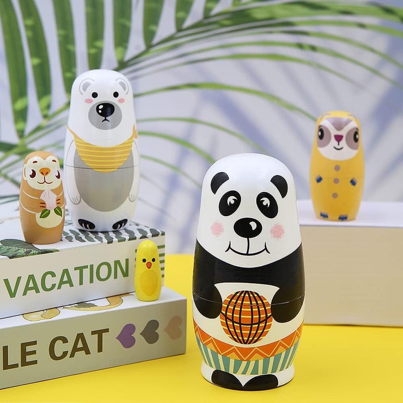 Winterworm Set of 5 Panda Nesting Dolls White Bear Raccoon Monkey Chick Wooden Russian Nesting Dolls Kids Stacking Toys Home Decor Christmas Birthday Party Decoration Gift  - Image 4