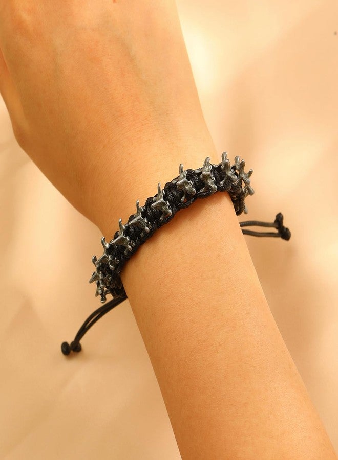 IS4U Gothic Skeleton Bracelets for Men Women Punk Bone Keel Charm Bracelets Adjustable Vertebrae Woven Bracelet Lightweight Hypoallergenic Stretch Bracelet Halloween Birthday Party Holiday Valentines Day Jewelry (Black) - Image 2