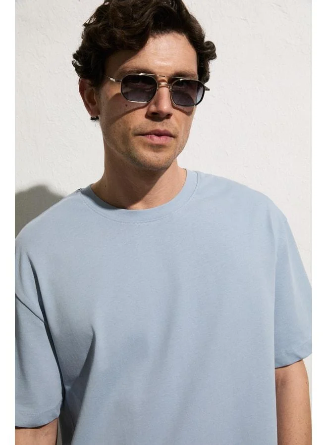 GRIMELANGE DUNNO Men's 100% Organic Cotton Round Neck Regular Fit Blue T-Shirt.